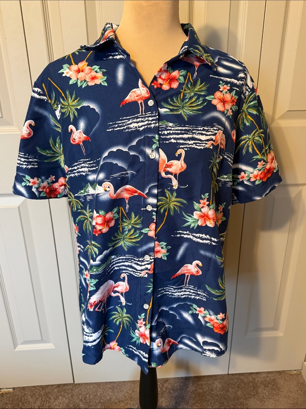 Women's Short Sleeve Flamingo Hawaiian Button Front Shirt Size Large